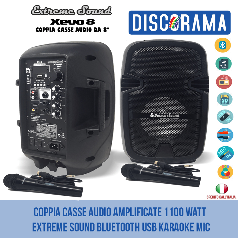 COPPIA CASSE AUDIO AMPLIFICATE 1100 WATT EXTREME SOUND BLUETOOTH USB KARAOKE MIC