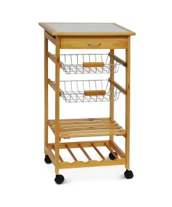 Carrello da Cucina in Pino Con Piano in Ceramica e Cestelli