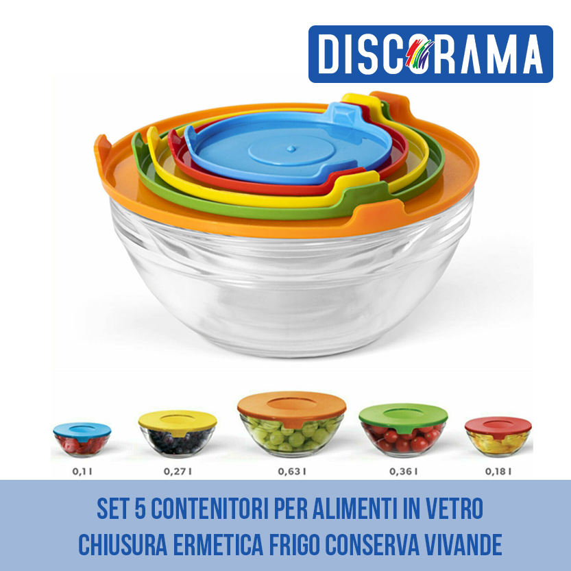 SET 5 CONTENITORI PER ALIMENTI IN VETRO CHIUSURA ERMETICA FRIGO CONSERVA VIVANDE