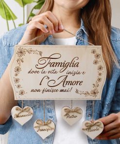 Targhetta da Appendere in Legno “Famiglia Dove la Vita Inizia e l’Amore non finisce Mai” Personalizzata con Cuori e Nomi – Idea Regalo Nuova Casa, Festa dei Nonni