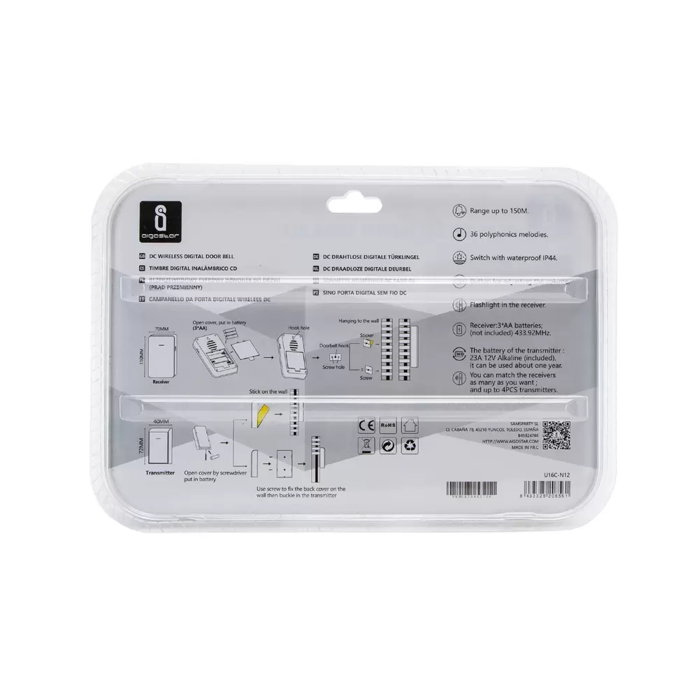 Campanello senza fili Aigostar da esterno a batteria 1 pulsante e 2 riceventi colore argento - immagine 8