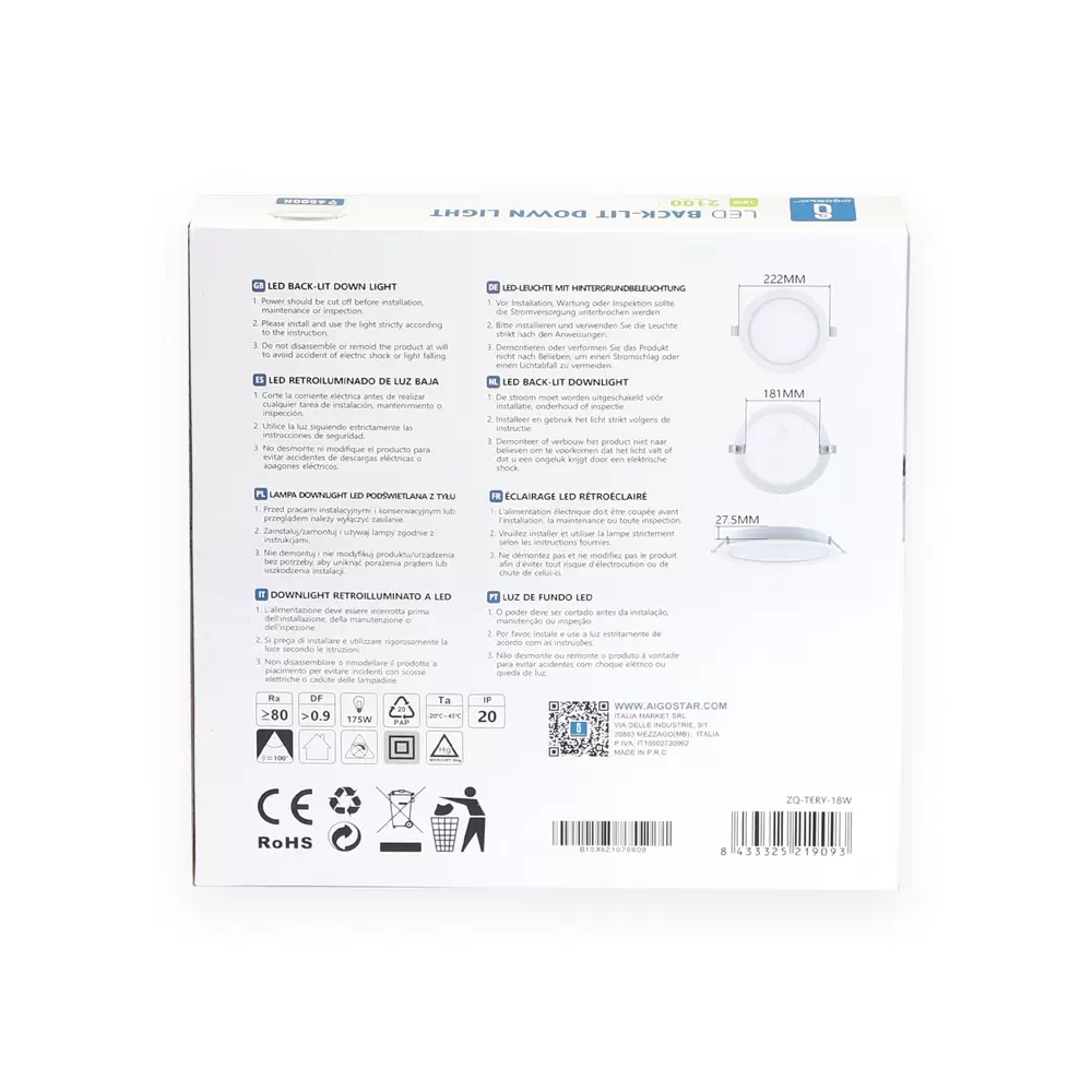 Faretto Led slim da incasso 18W Rotondo Cornice bianca Apertura 100 gradi Bianco freddo 6500K Aigostar - immagine 3