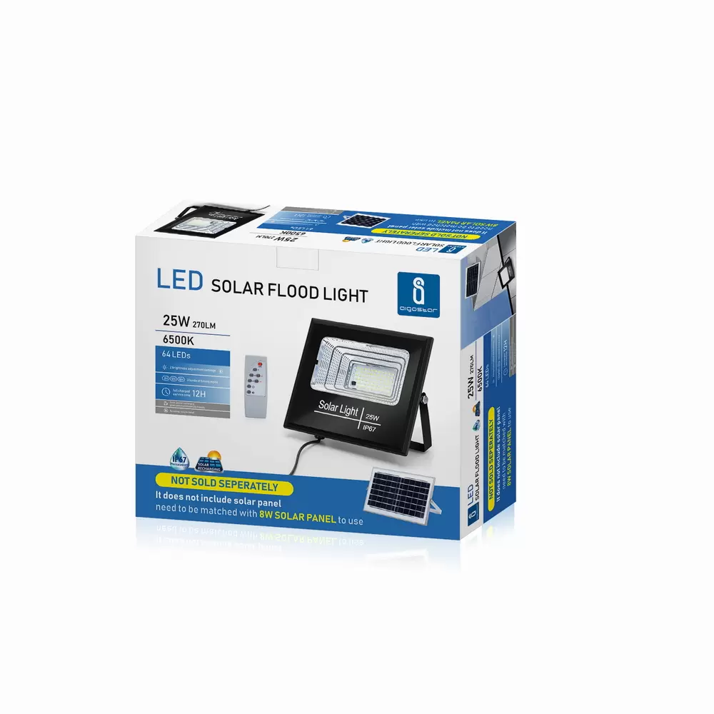 Faro Led 25W Nero con pannello solare IP67 Bianco freddo 6500K Dimmerabile con telecomando e crepuscolare Aigostar - immagine 7