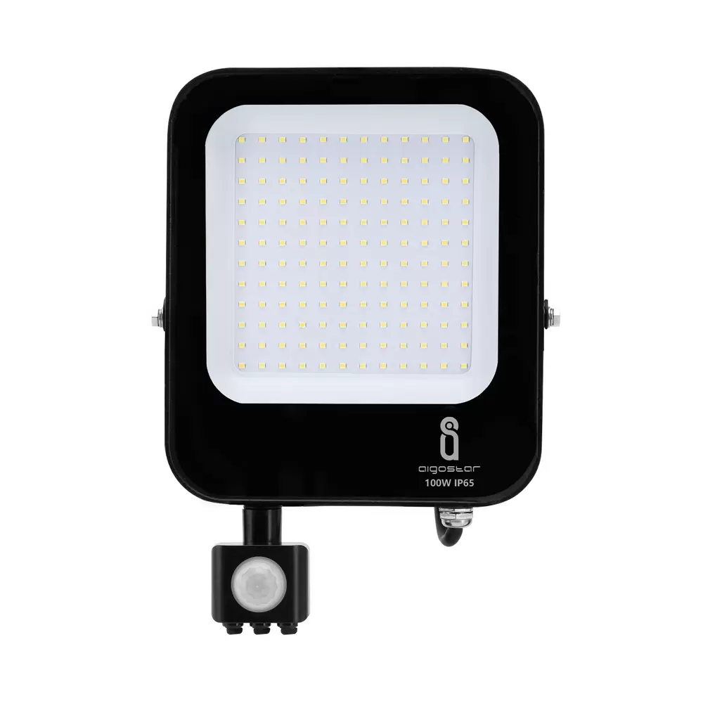 Faro proiettore Led 100W Nero da esterno IP65 Bianco freddo 6500K con sensore crepuscolare e di movimento Aigostar