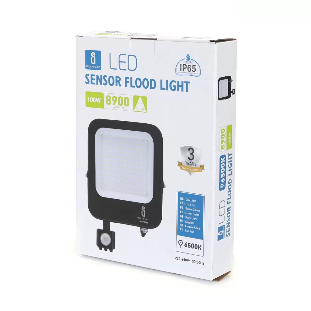 Faro proiettore Led 100W Nero da esterno IP65 Bianco freddo 6500K con sensore crepuscolare e di movimento Aigostar - immagine 3