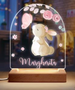 Lampada a Led Placca in Plexiglass Personalizzata con Nome, Coniglietta e Farfalle Rosa – Idea Regalo per Nascita, Battesimo, per Bambina