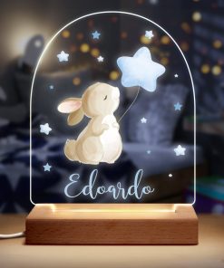 Lampada a Led Placca in Plexiglass Personalizzata con Nome e Coniglietto Azzurro – Idea Regalo per Nascita, Battesimo, per Bambino