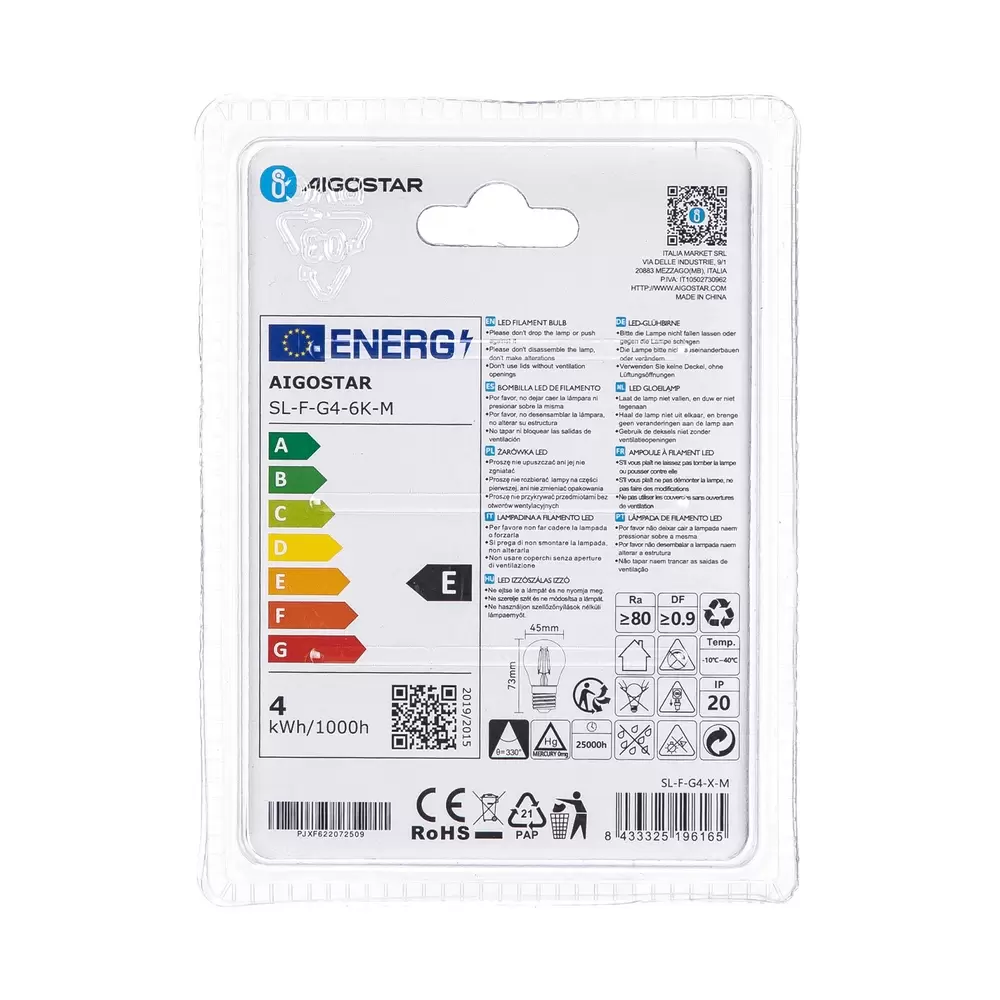 Lampadina Led a Filamento E27 G45 a sfera 4W Bianco freddo 6500K Aigostar - immagine 4