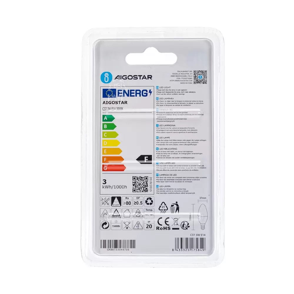 Lampadina Led E14 C35 a candela 3W Bianco caldo 3000K Aigostar - immagine 4