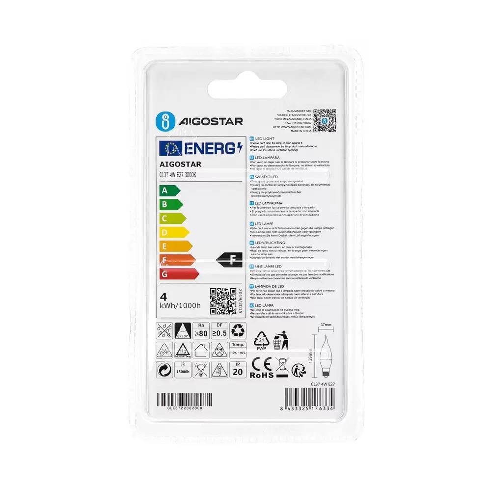 Lampadina Led E27 CL37 a colpo di vento 4W Bianco caldo 3000K Aigostar - immagine 4