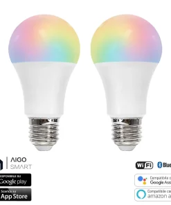 Lampadina Led Smart A60 E27 12W WiFi Bluetooth Mesh RGB CCT luce regolabile e dimmerabile confezione da 2pz Aigostar