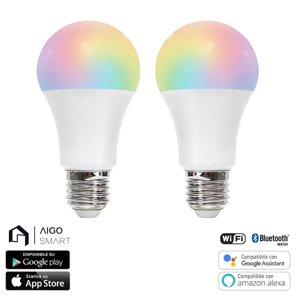 Lampadina Led Smart A60 E27 12W WiFi Bluetooth Mesh RGB CCT luce regolabile e dimmerabile confezione da 2pz Aigostar