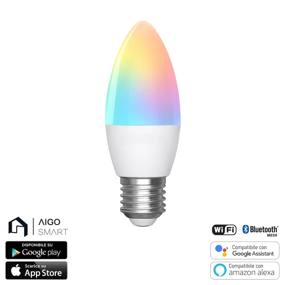 Lampadina Led Smart C37 E27 6.5W Bluetooth Mesh RGB CCT luce regolabile e dimmerabile Aigostar