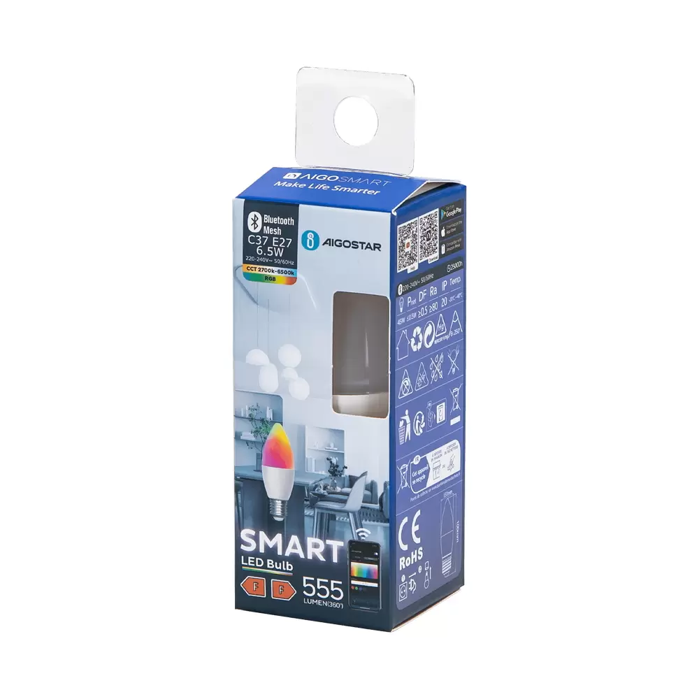 Lampadina Led Smart C37 E27 6.5W Bluetooth Mesh RGB CCT luce regolabile e dimmerabile Aigostar - immagine 3