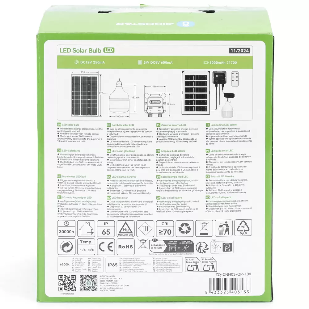 Lampadina Led T100 35W con pannello solare IP65 Bianco freddo 6500K Aigostar - immagine 6