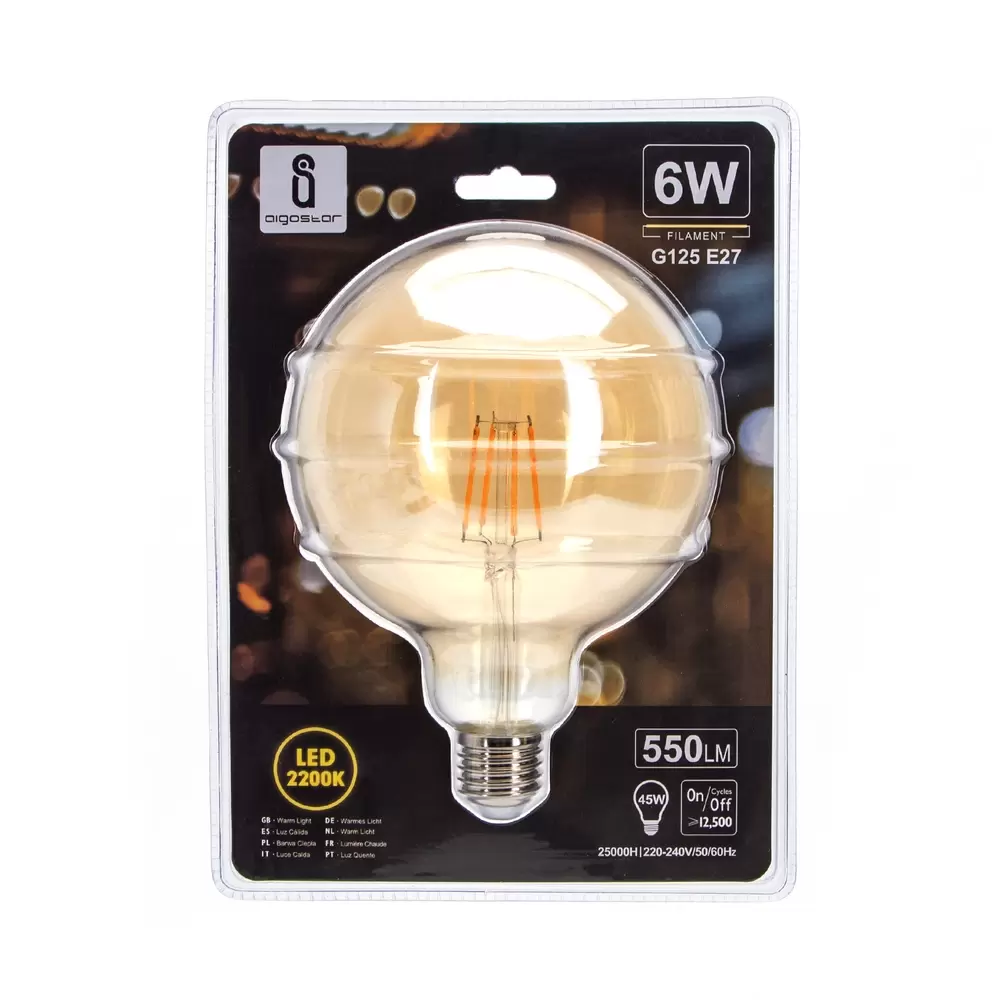 Lampadina Led Vintage a Filamento E27 G125 a globo 6W Bianco caldo 2200K Aigostar - immagine 3