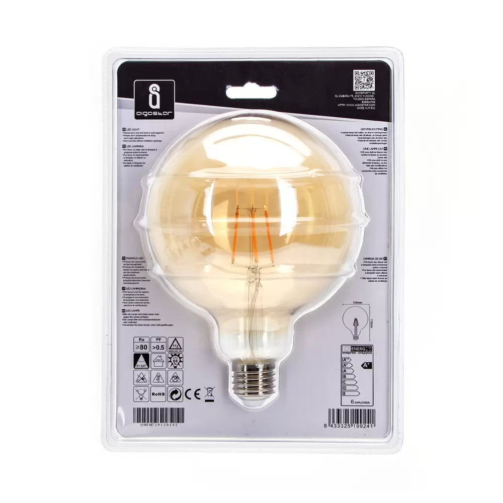 Lampadina Led Vintage a Filamento E27 G125 a globo 6W Bianco caldo 2200K Aigostar - immagine 4