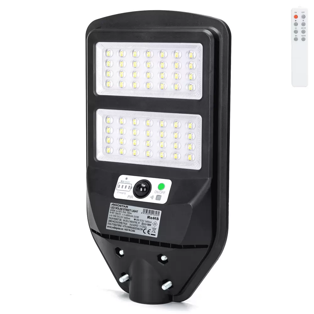 Lampione stradale Led 70W Nero con pannello solare IP65 Bianco freddo 6500K con sensore crepuscolare e di movimento Aigostar