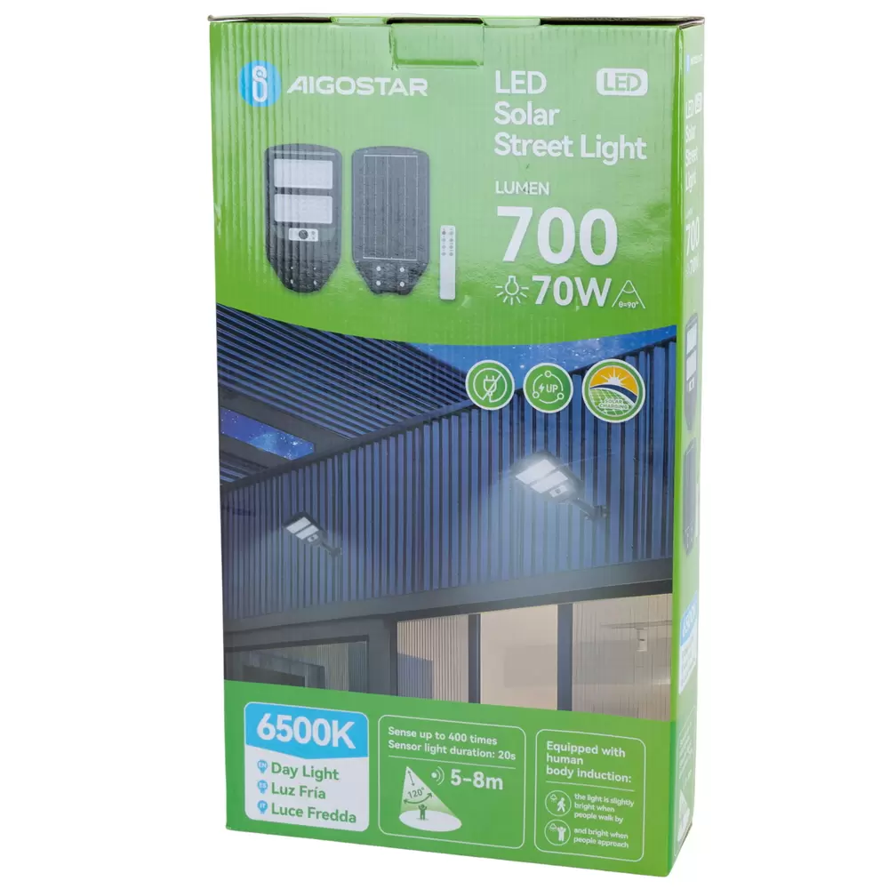 Lampione stradale Led 70W Nero con pannello solare IP65 Bianco freddo 6500K con sensore crepuscolare e di movimento Aigostar - immagine 6