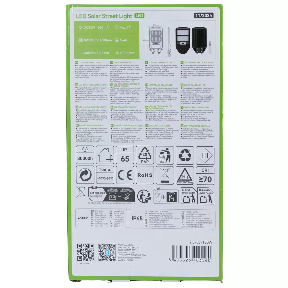 Lampione stradale Led 70W Nero con pannello solare IP65 Bianco freddo 6500K con sensore crepuscolare e di movimento Aigostar - immagine 7