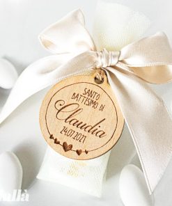 Sacchettino Portaconfetti con Tag in Legno Personalizzata Tonda Elegante