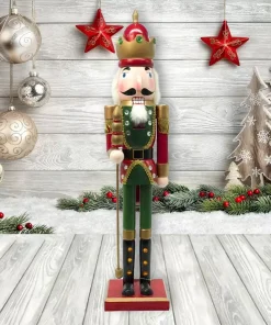 Schiaccianoci di Natale 60cm in legno Soldato con conrona e scettro di colore rosso e verde Wisdom